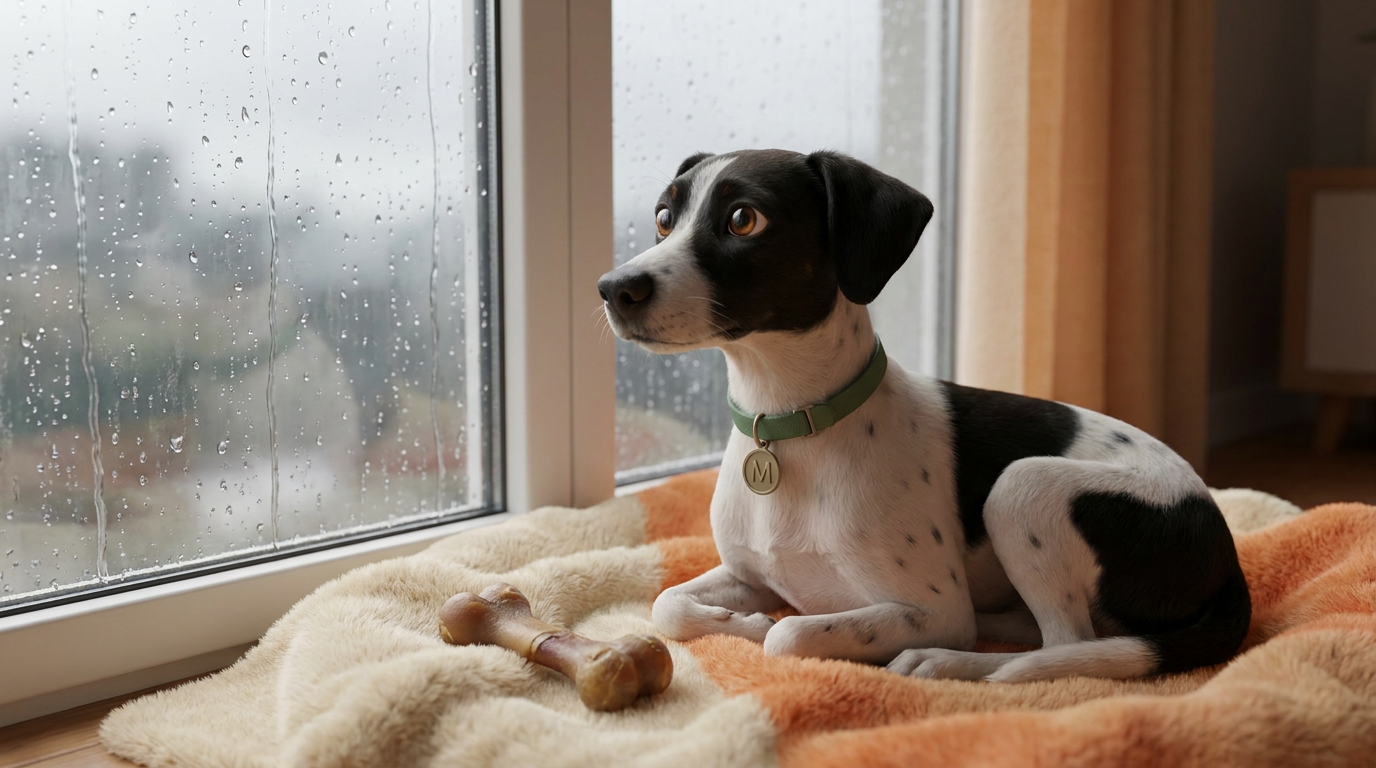 perro mirando por la ventana, lluvia